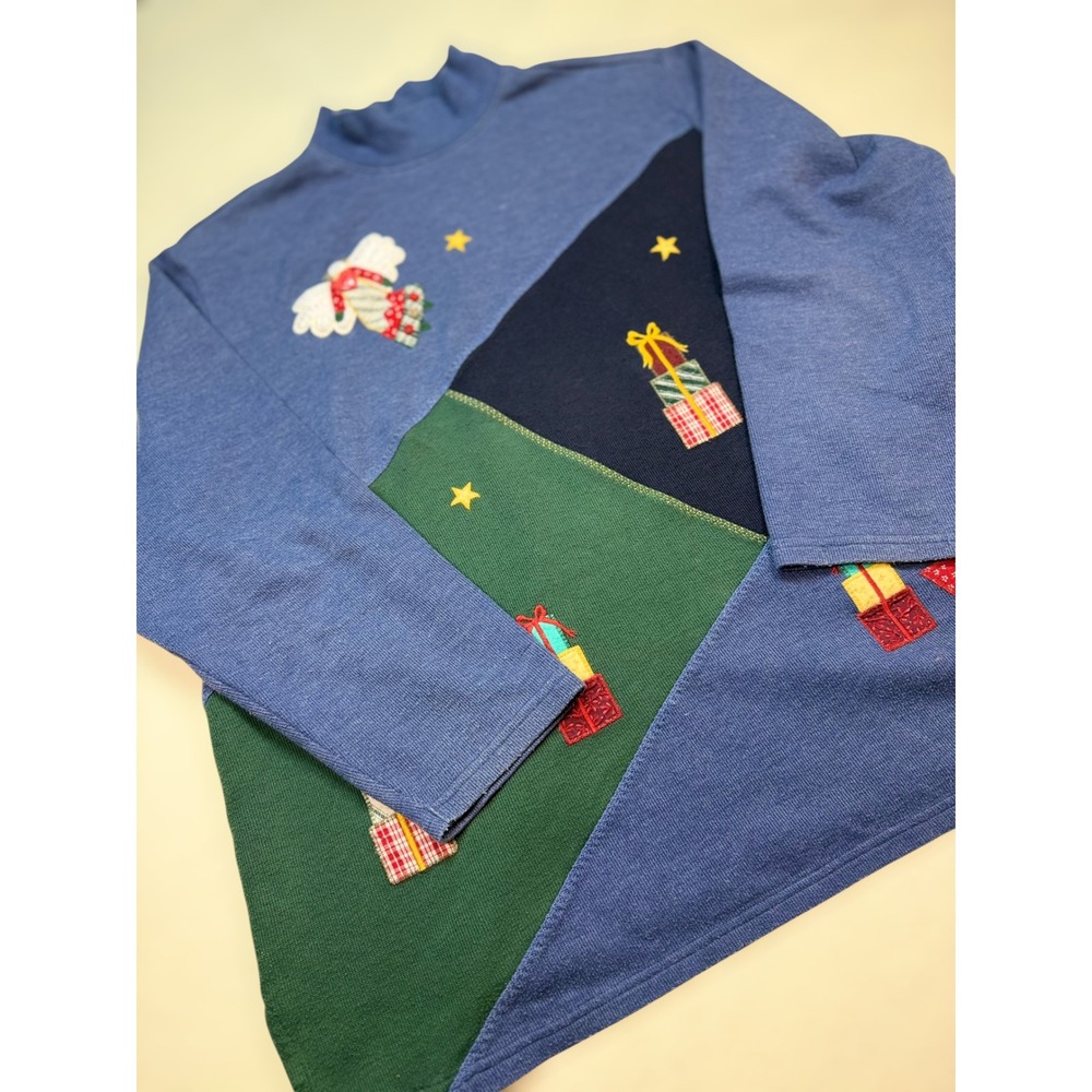 Karen Scott Sport Woman Christmas Mock Neck Top Blue Green Angel Plus 1X